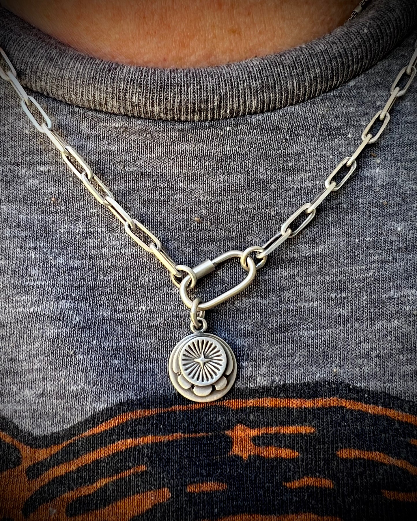 Hand Stamped Sterling Silver Medallion Carabiner Necklace – Customizable Single, Double, or Triple-Made To Order