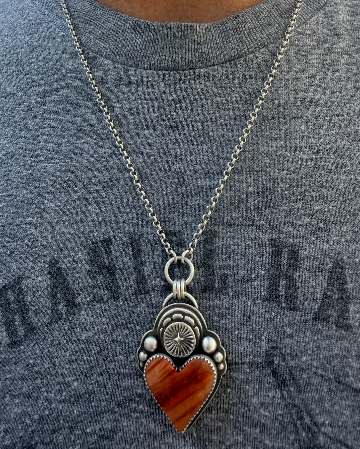 Spiny Oyster Shell Sacred Heart Hand Stamped Necklace