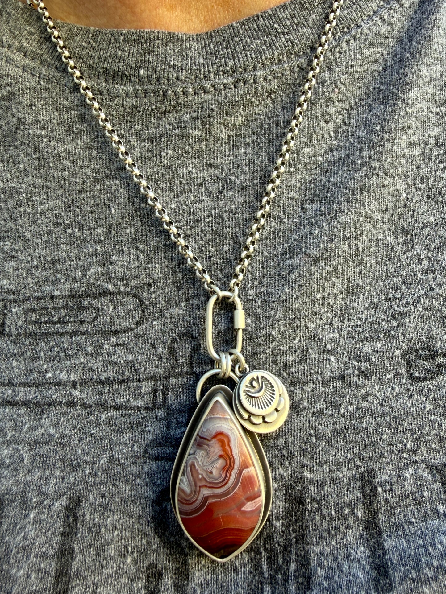 Laguna Lace Agate Hand Stamped Sterling Silver Medallion Necklace