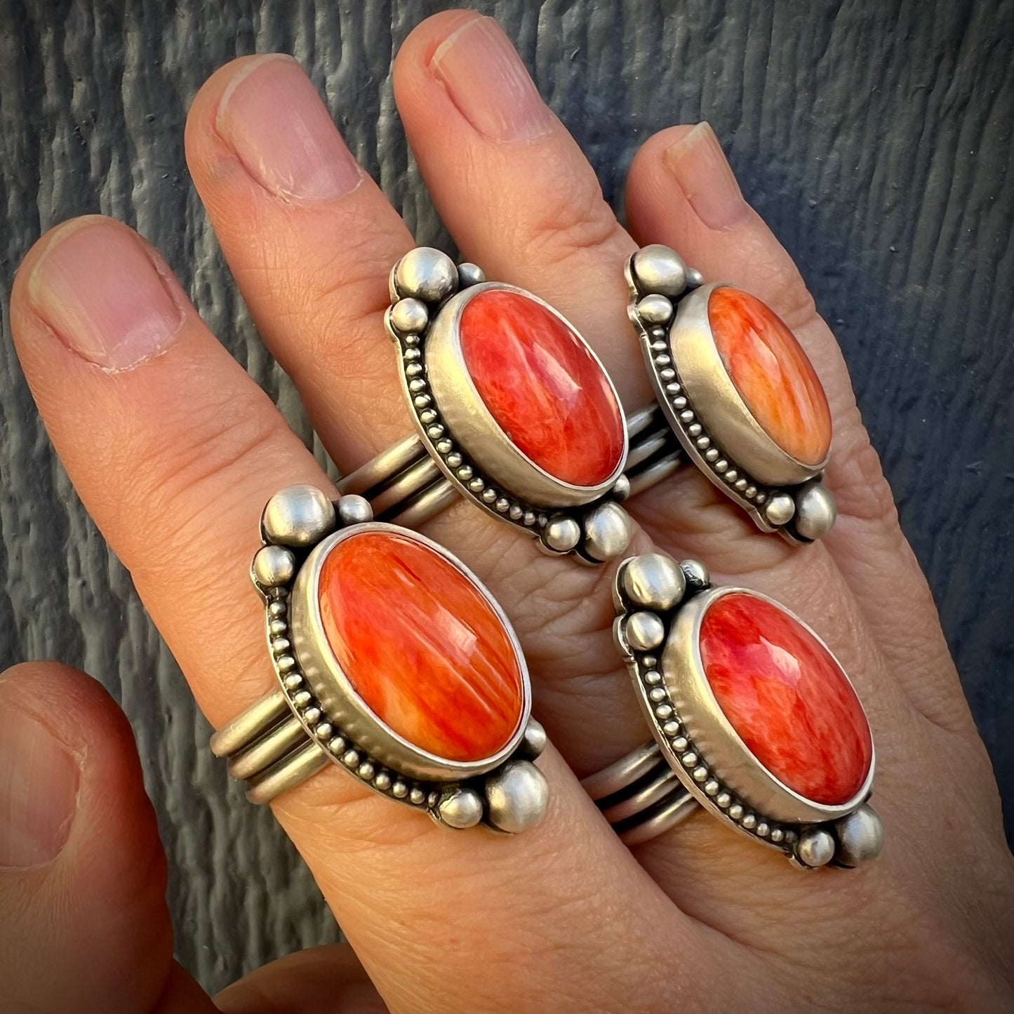Orange Spiny Oyster Shell Ring size 6.75 – Fine & Sterling Silver, Handcrafted, Triple Band Design