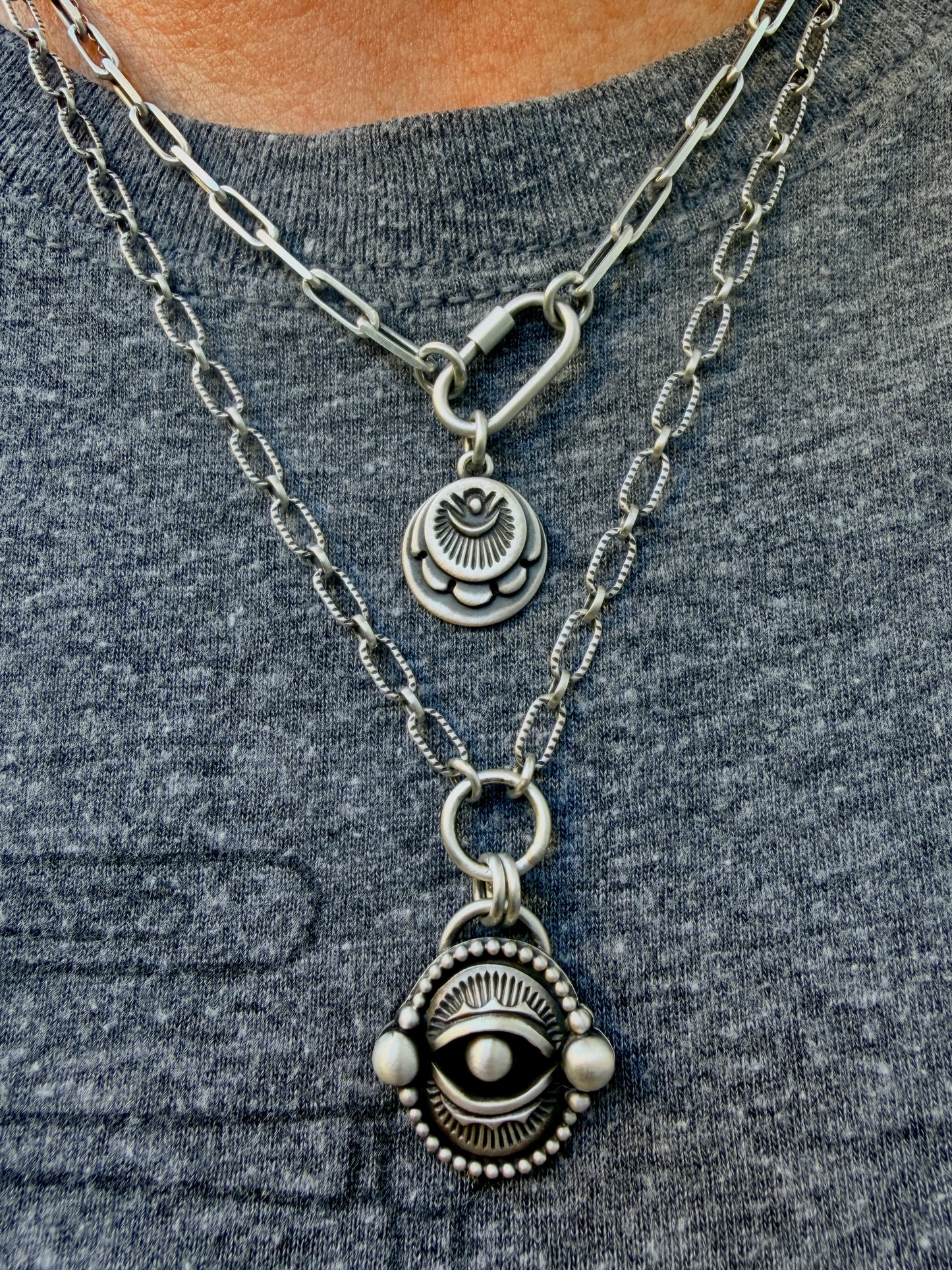 Hand Stamped Sterling Silver Medallion Carabiner Necklace – Customizable Single, Double, or Triple-MADE TO ORDER