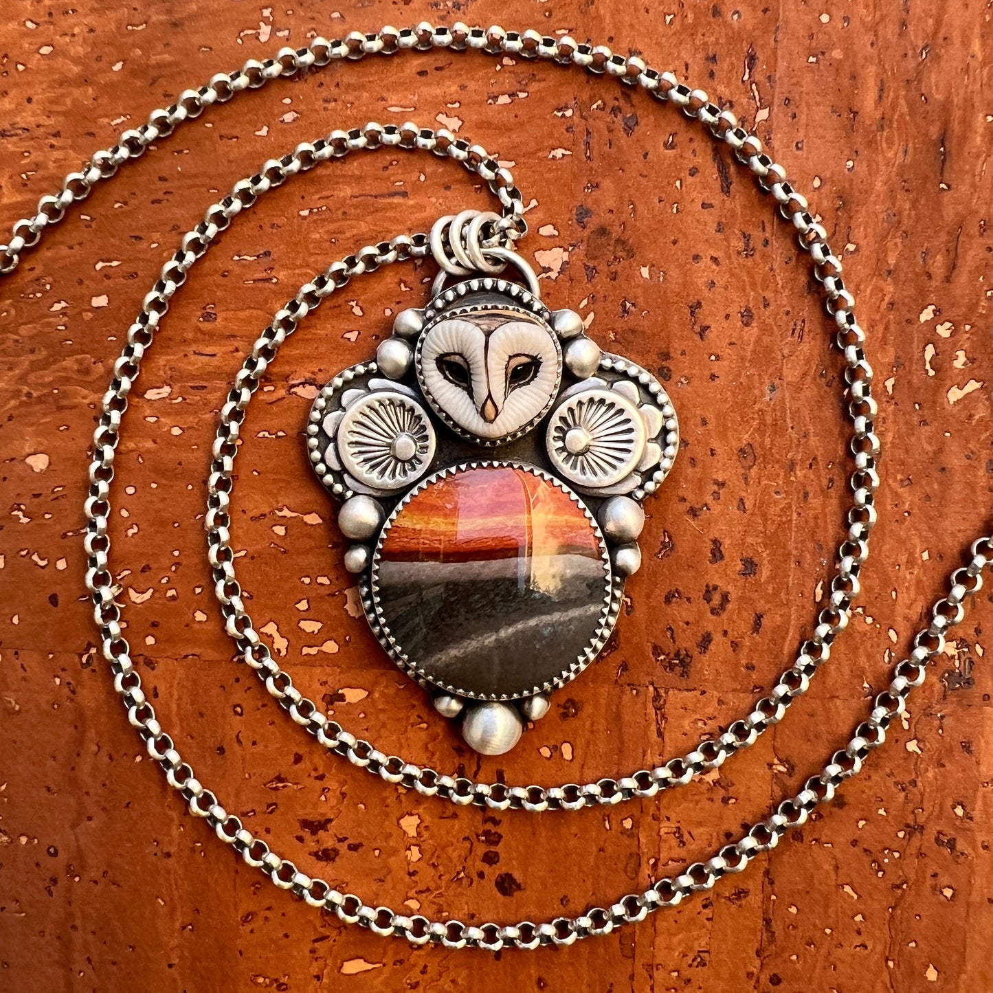 Polychrome jasper and Laura Mears Athena owl necklace