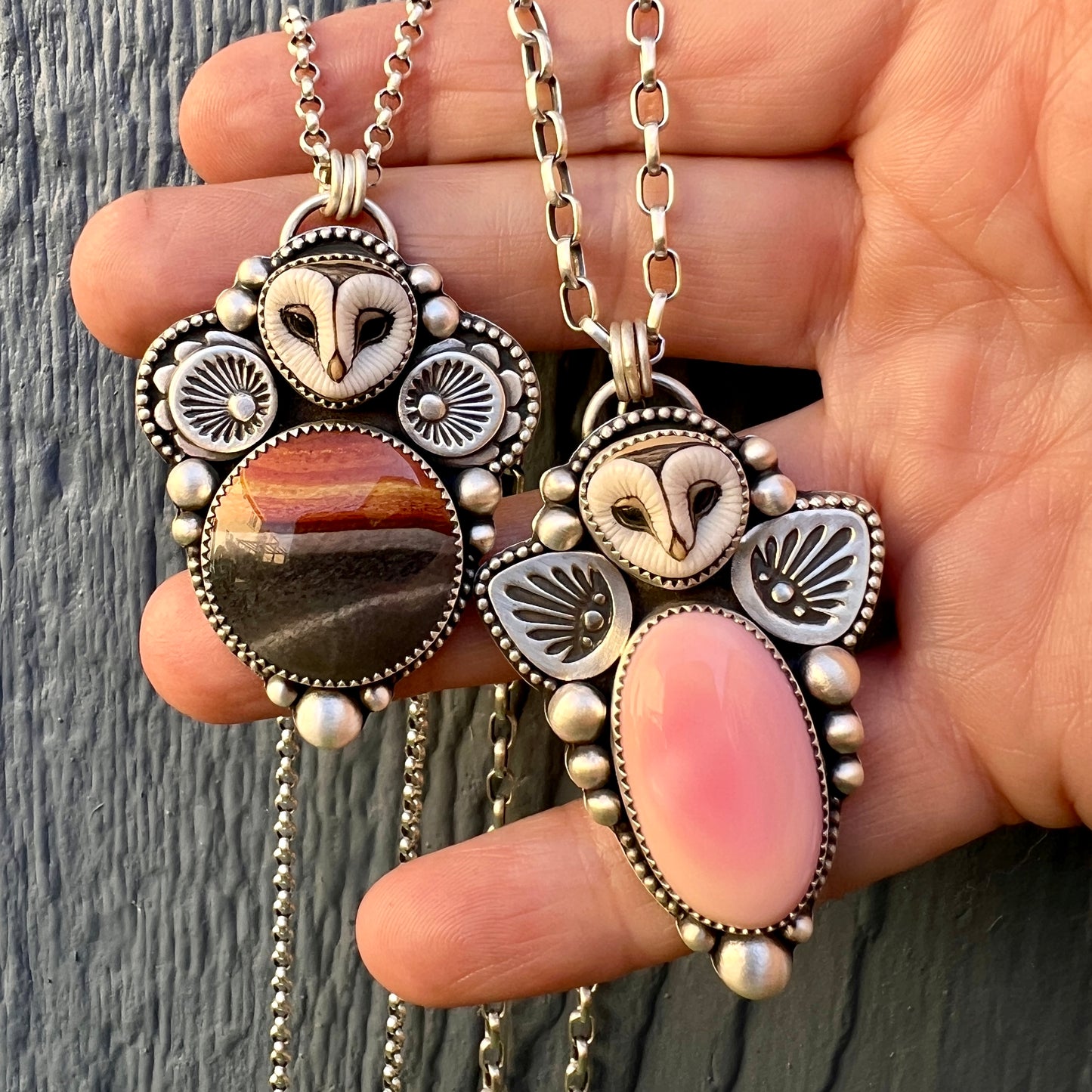 Polychrome jasper and Laura Mears Athena owl necklace