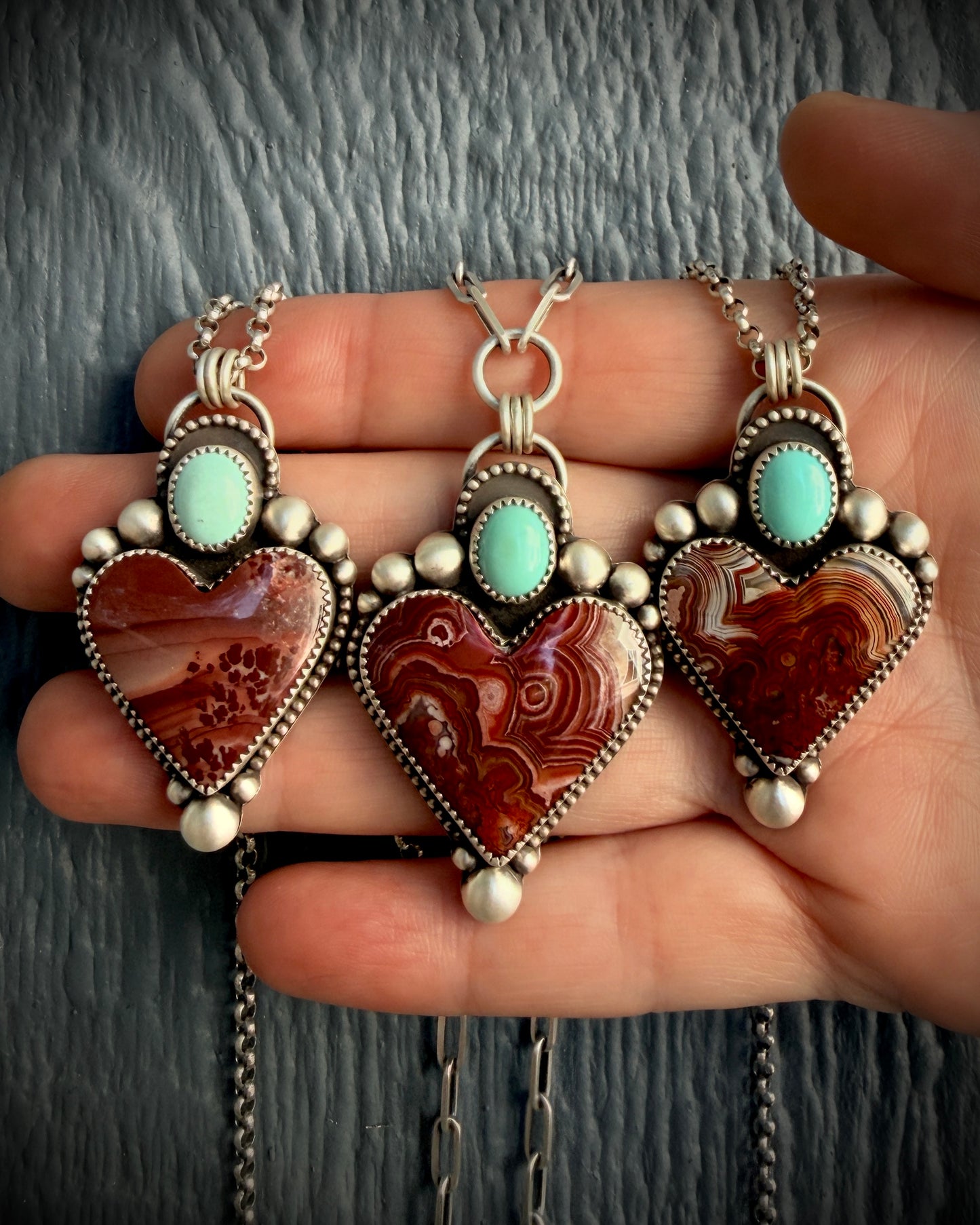 Laguna Lace Agate and Sleeping Beauty Turquoise Sterling Silver Heart Necklace