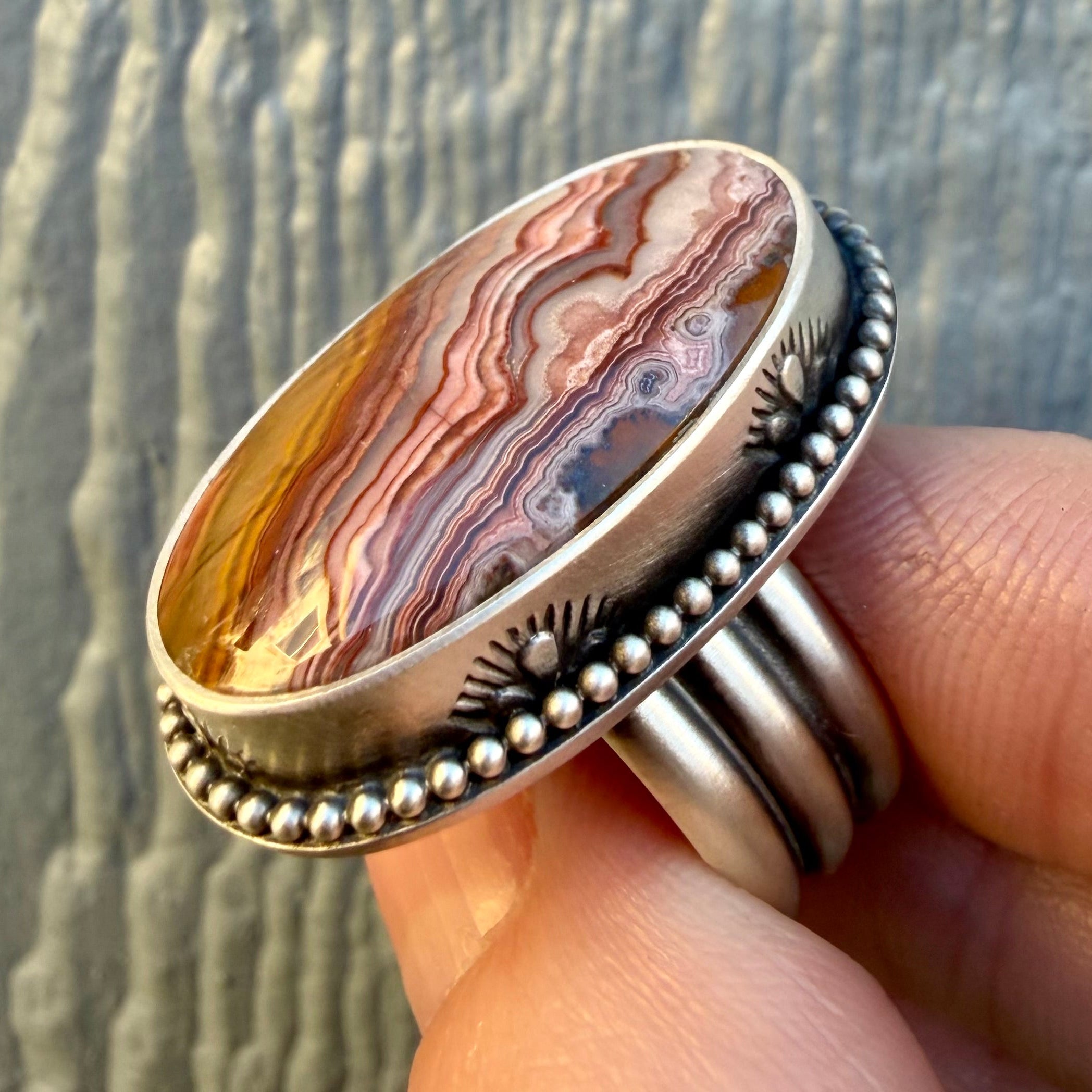 Laguna Lace Agate Ring – Sterling Silver Hand Stamped Size 9.25 