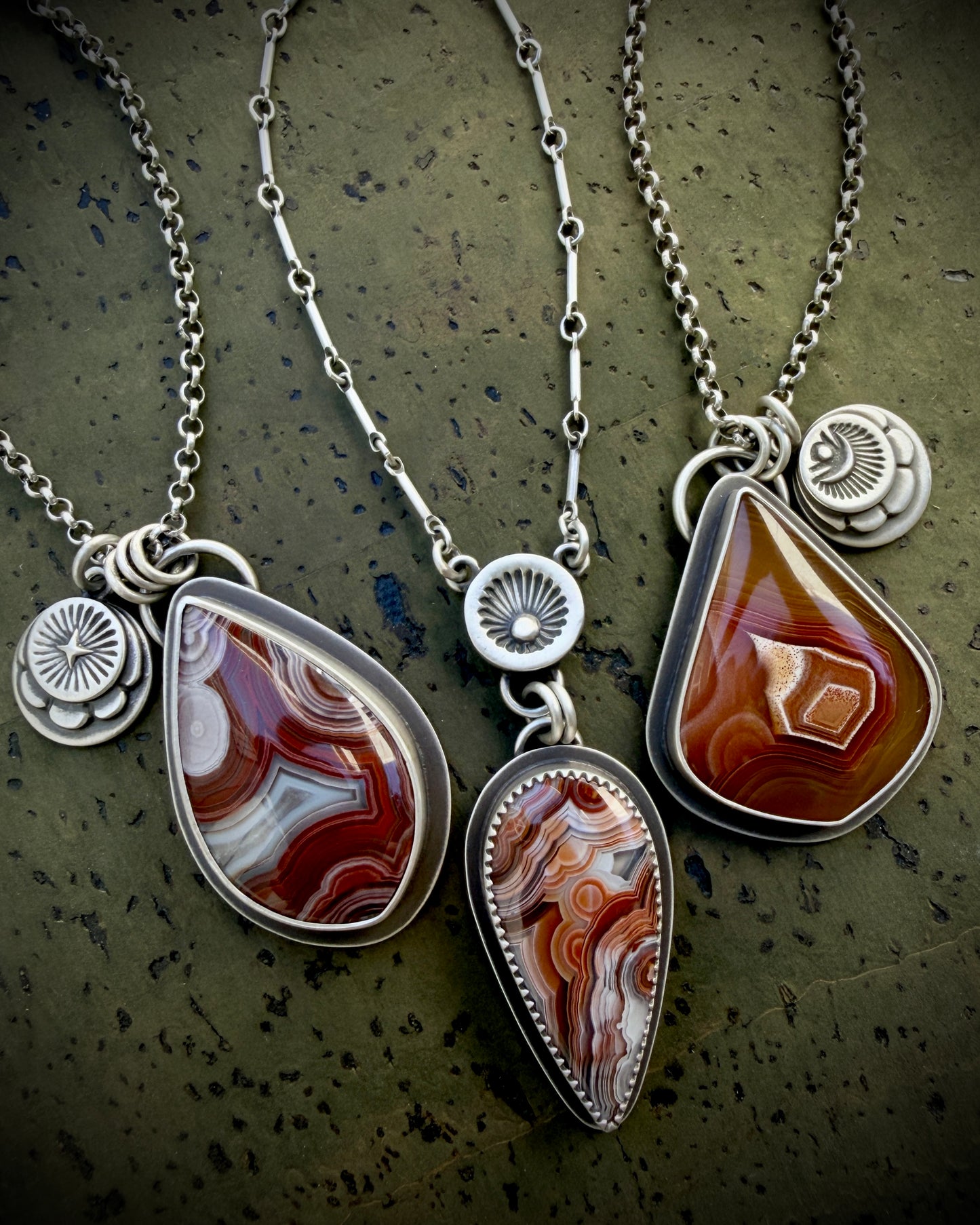 Agua Nueva Agate Hand Stamped Sterling Silver Medallion Necklace