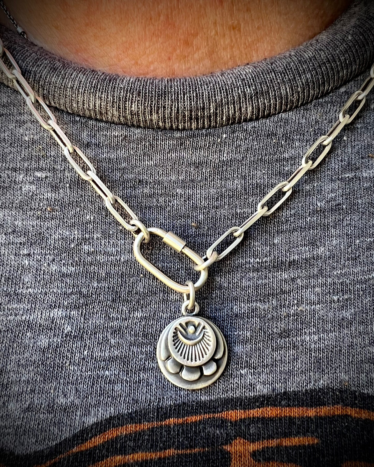 Hand Stamped Sterling Silver Medallion Carabiner Necklace – Customizable Single, Double, or Triple-Made To Order