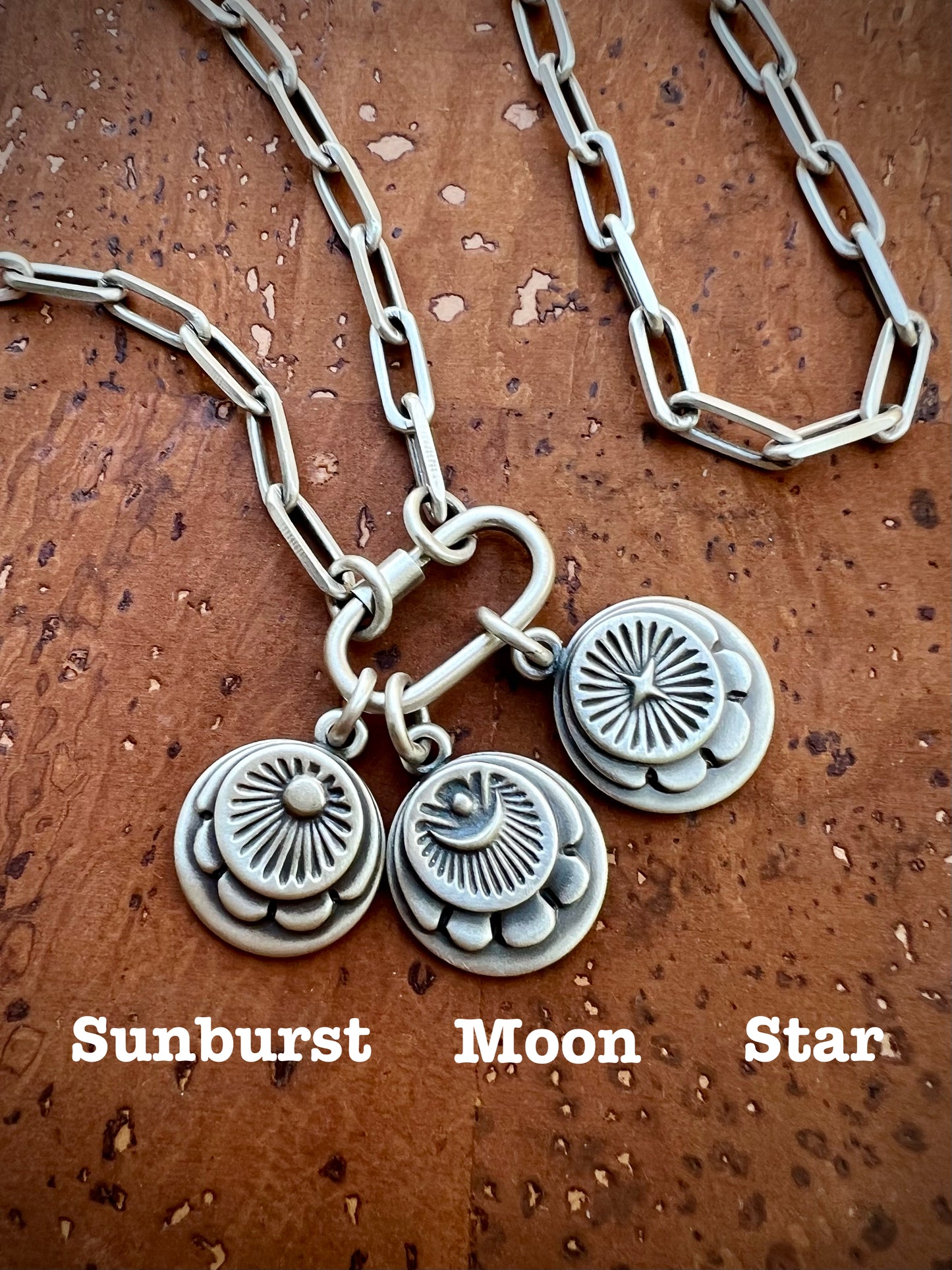 Hand Stamped Sterling Silver Medallion Carabiner Necklace – Customizable Single, Double, or Triple-Made To Order