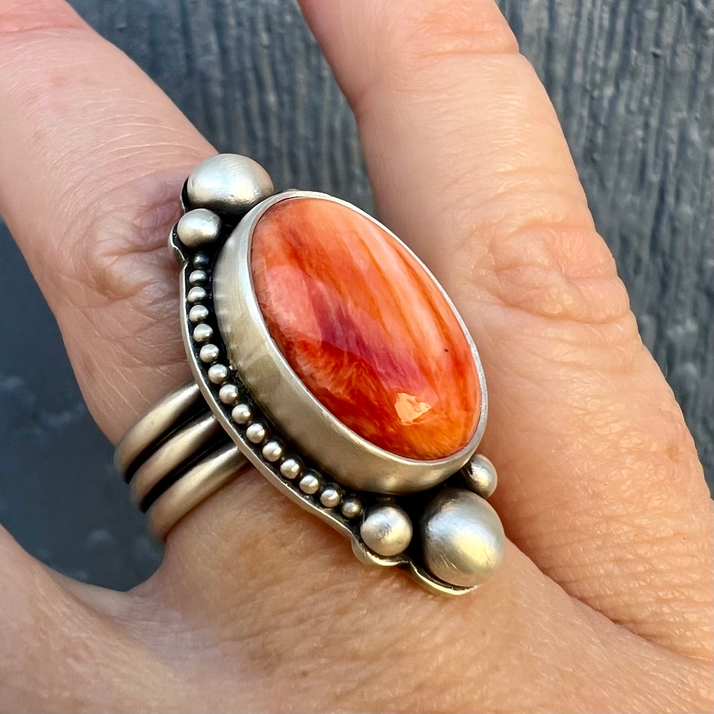 Orange Spiny Oyster Shell Ring size 6.75 – Fine & Sterling Silver, Handcrafted, Triple Band Design