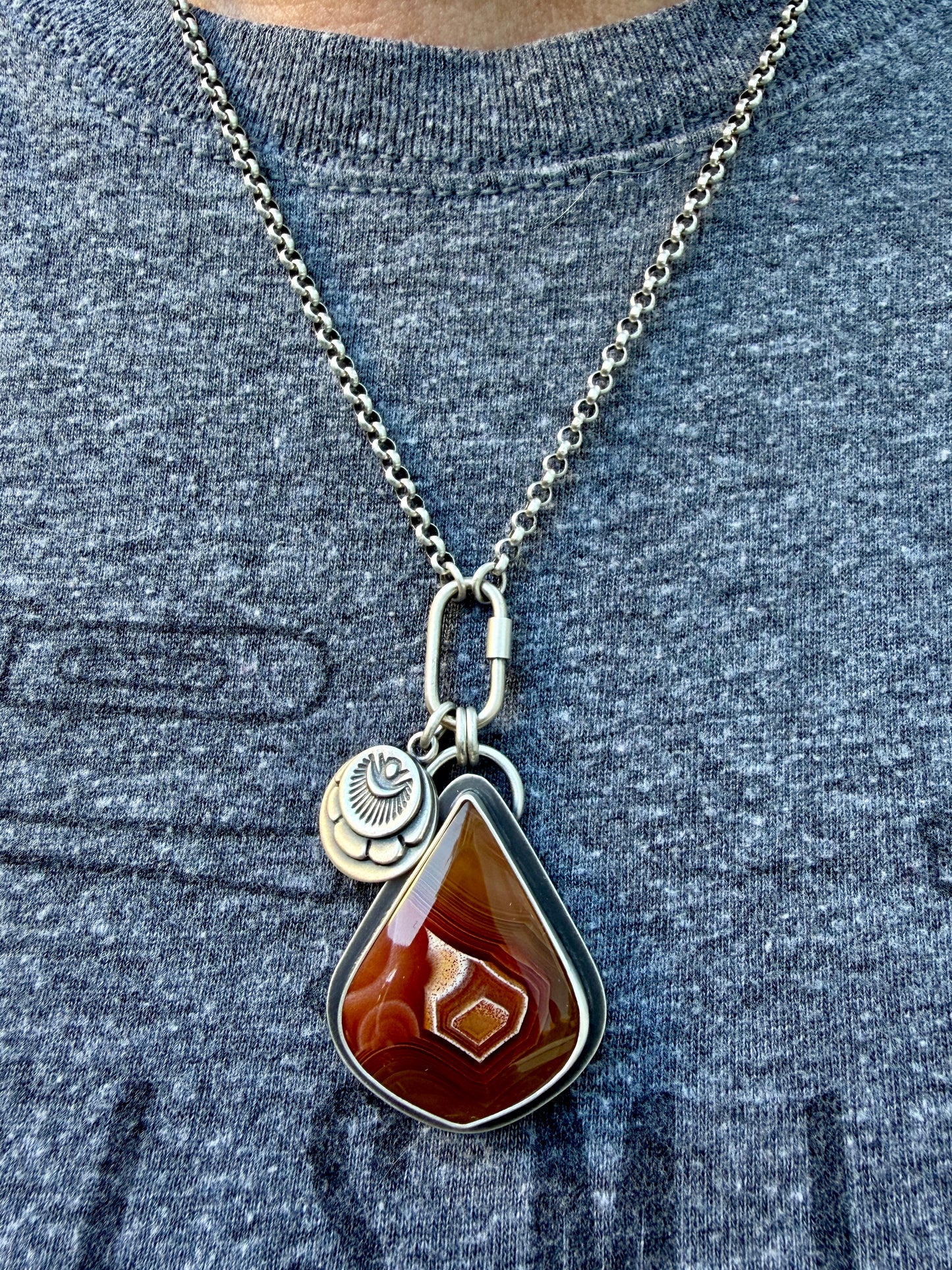 Agua Nueva Agate Hand Stamped Sterling Silver Medallion Necklace