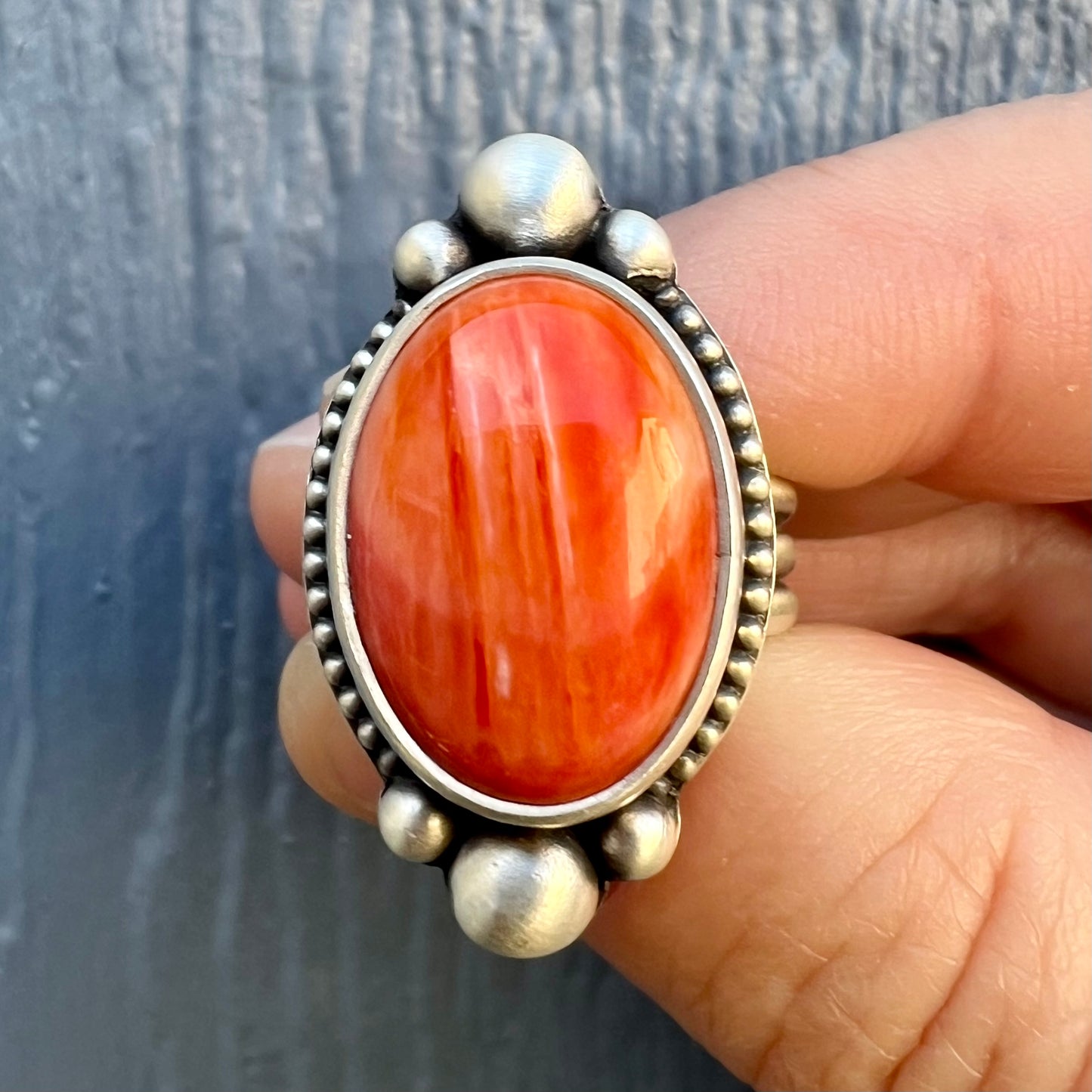 Orange Spiny Oyster Shell Ring size 7.75 – Fine & Sterling Silver, Handcrafted, Triple Band Design
