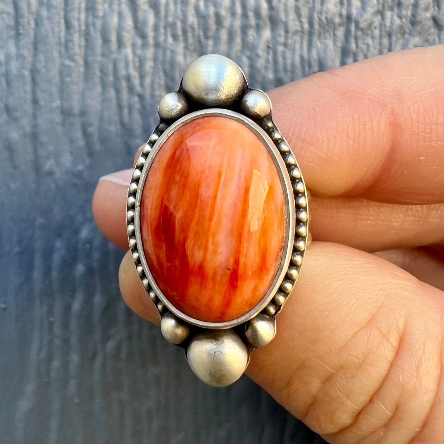 Orange Spiny Oyster Shell Ring size 6.75 – Fine & Sterling Silver, Handcrafted, Triple Band Design