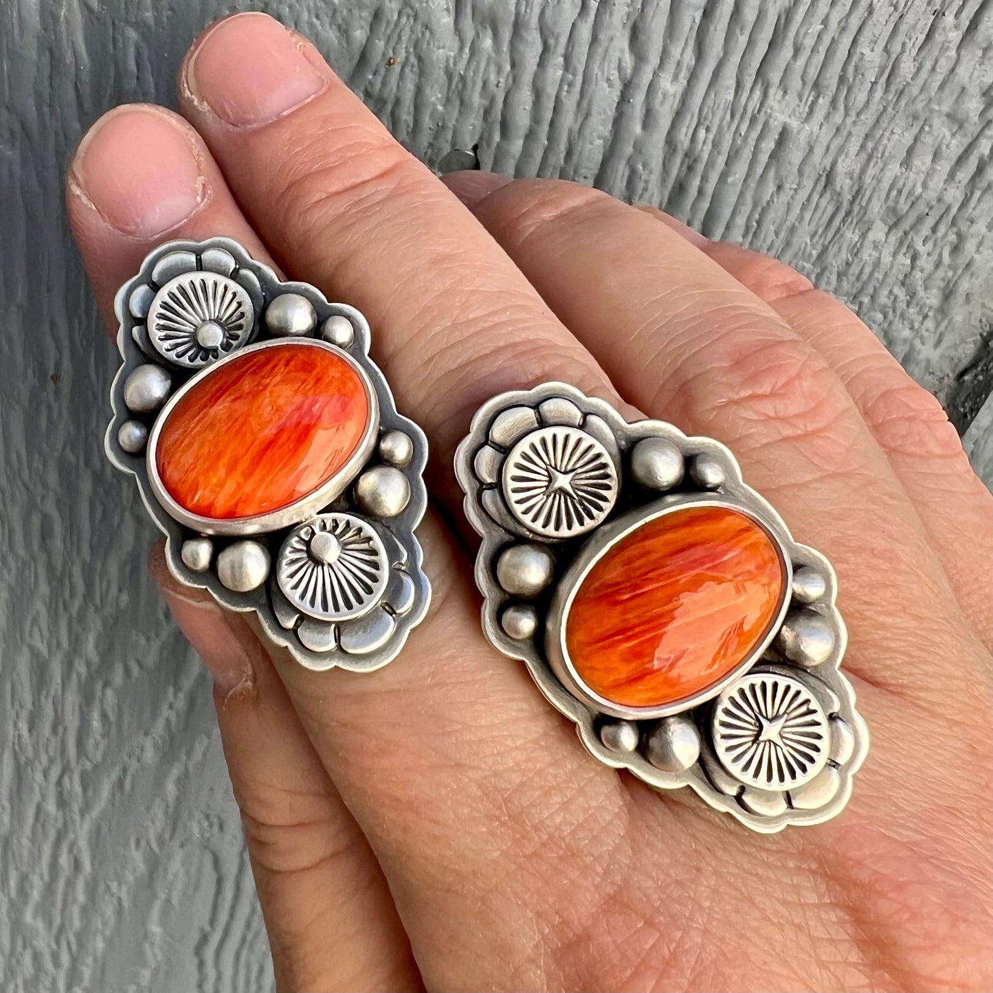 Orange Blossom Ring – Sterling Silver & Spiny Oyster Shell with Hand-Stamped Floral Detail Size 7