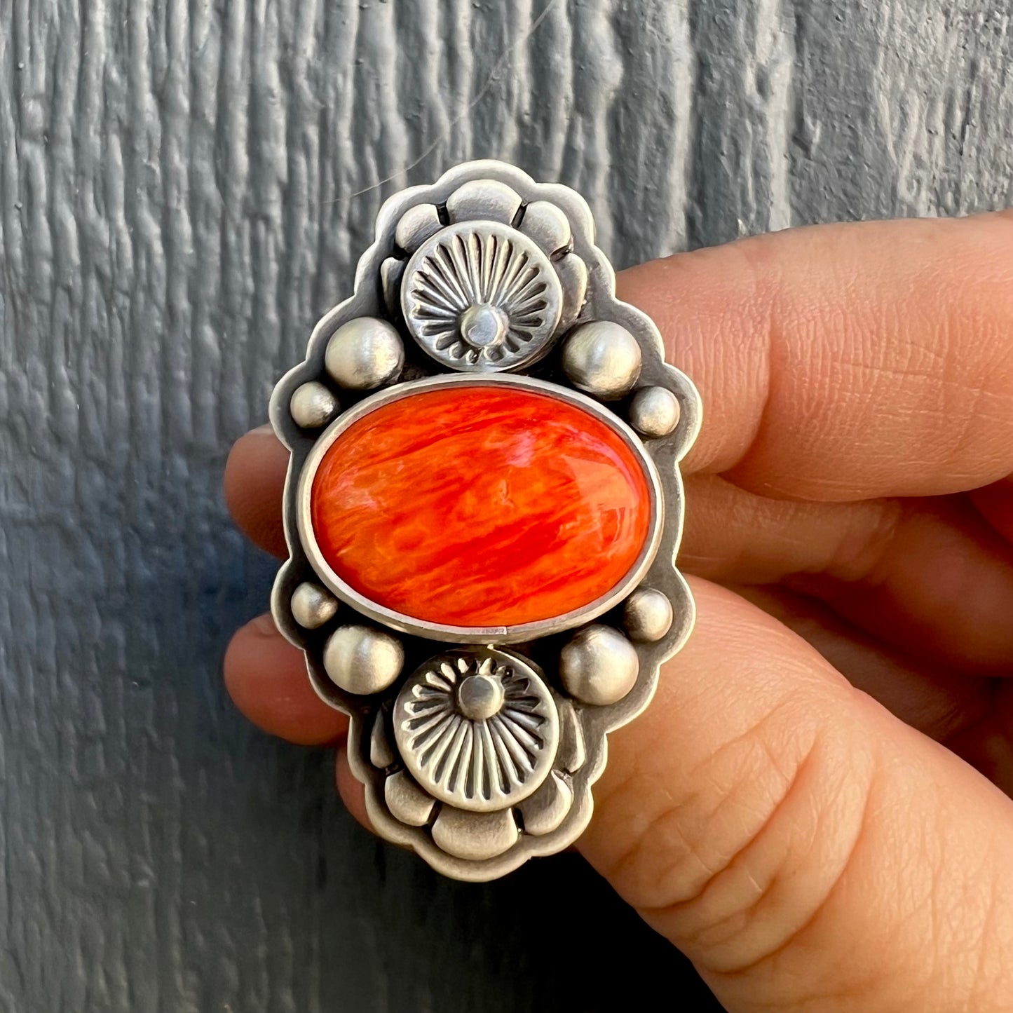 Orange Blossom Ring – Sterling Silver & Spiny Oyster Shell with Hand-Stamped Floral Detail Size 7