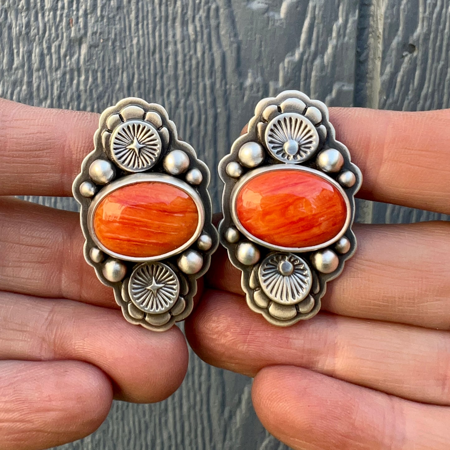Orange Blossom Ring – Sterling Silver & Spiny Oyster Shell with Hand-Stamped Floral Detail Size 7