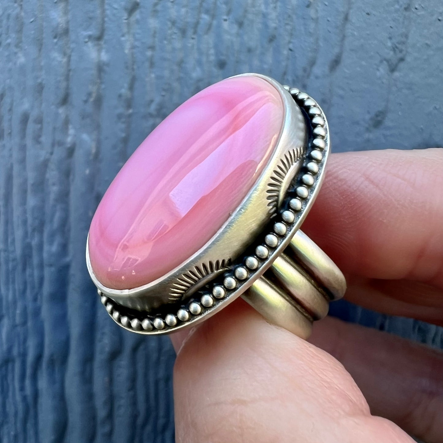 Pink Queen Conch Shell Statement Ring – Sterling Silver Hand Stamped Size 9