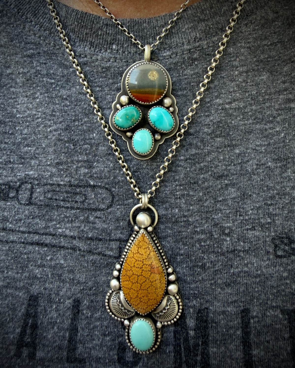 Fossilized Coral and Lone Mountain Turquoise Hand Stamped Necklace