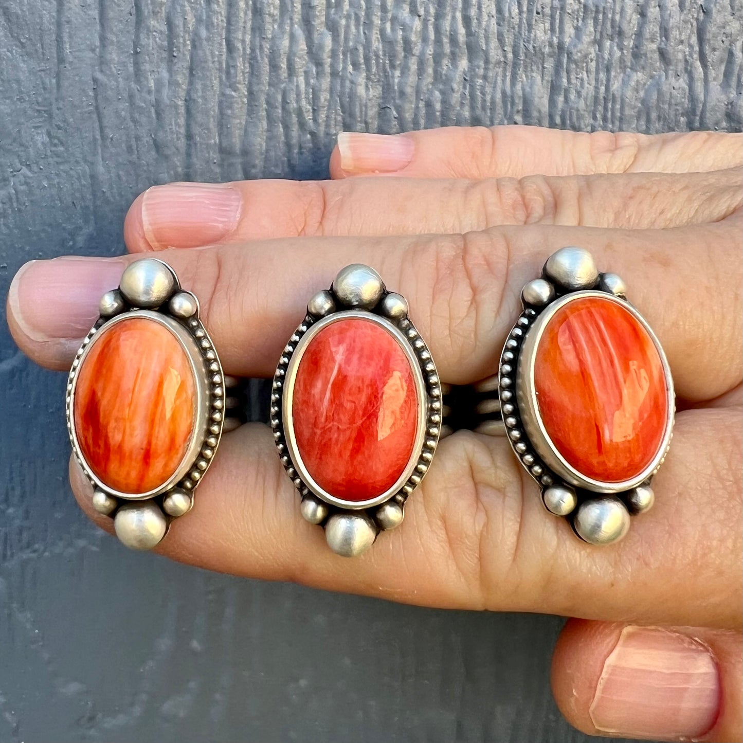 Orange Spiny Oyster Shell Ring size 6.75 – Fine & Sterling Silver, Handcrafted, Triple Band Design