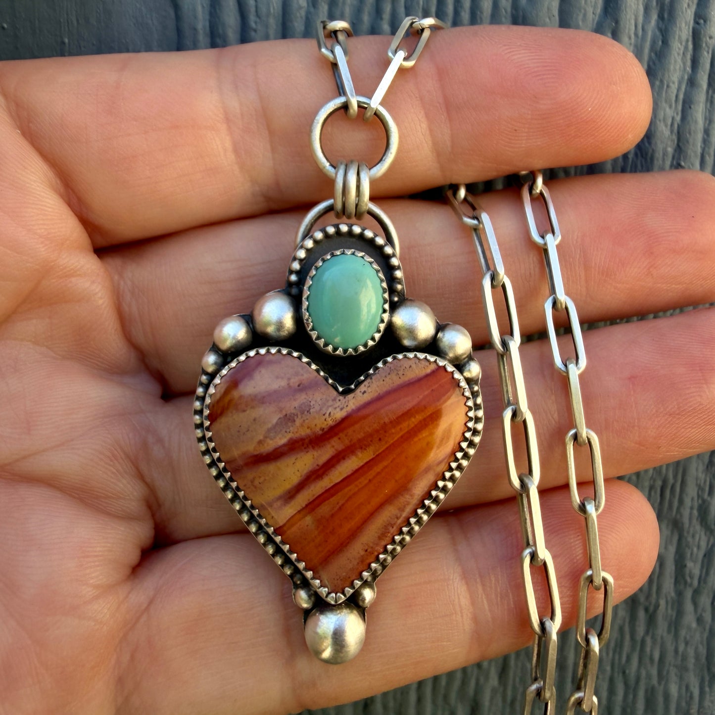 Polychrome Jasper and Sleeping Beauty Turquoise Paperclip Heart Necklace