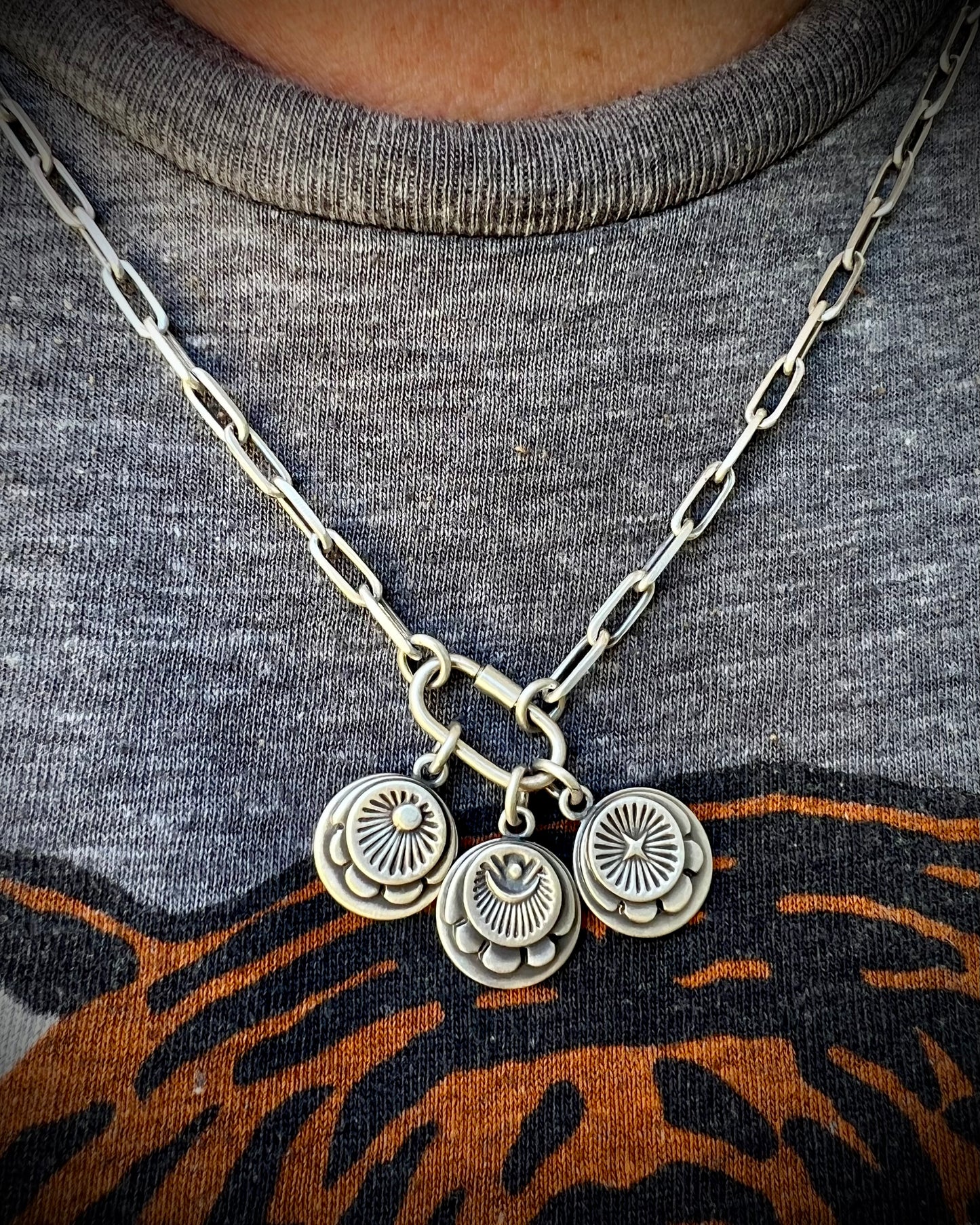 Hand Stamped Sterling Silver Medallion Carabiner Necklace – Customizable Single, Double, or Triple-Made To Order