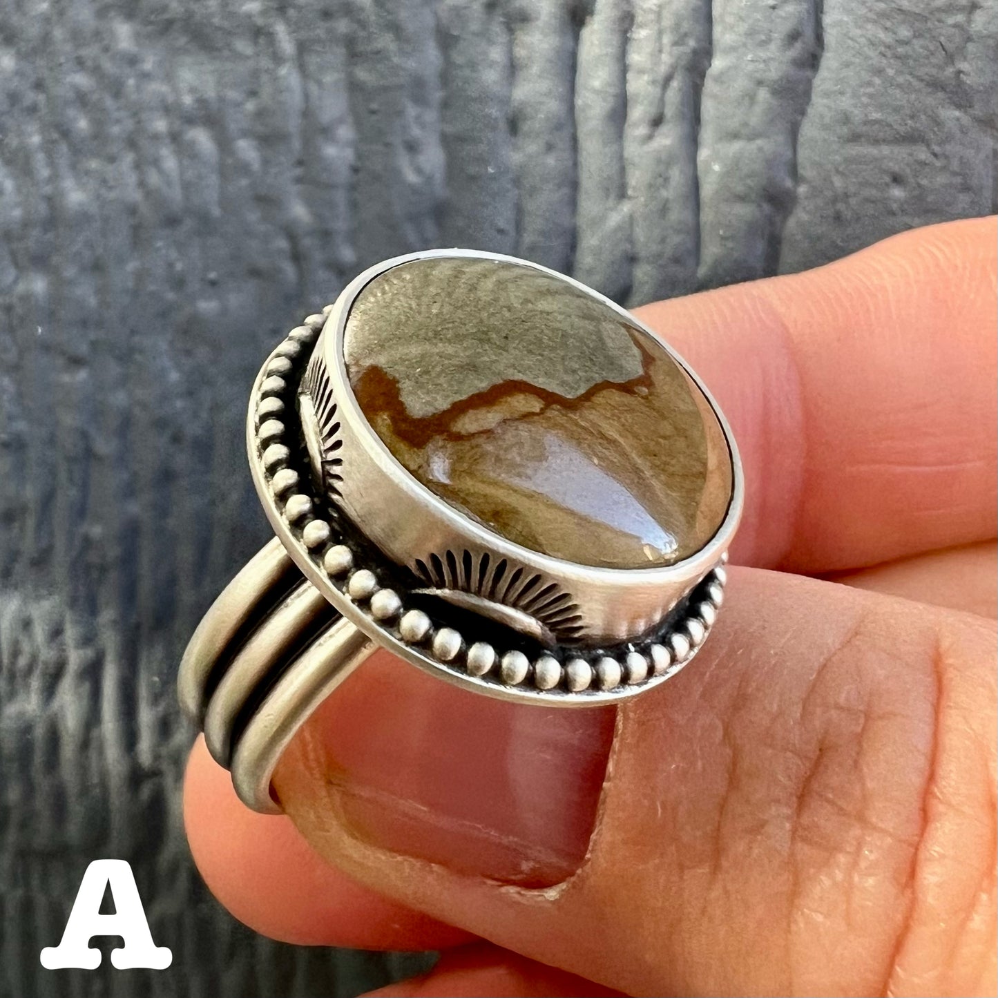 Picture Jasper Hand Stamped Rings — Fine & Sterling Silver, Handcrafted, Sizes 8.25 & 9-9.25