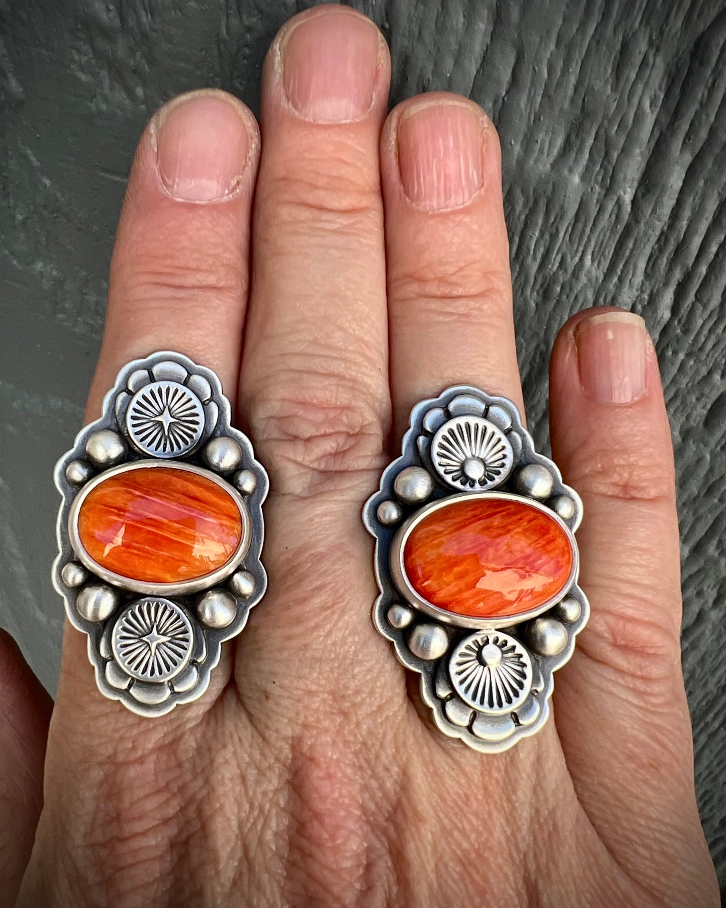 Orange Blossom Ring – Sterling Silver & Spiny Oyster Shell with Hand-Stamped Floral Detail Size 7