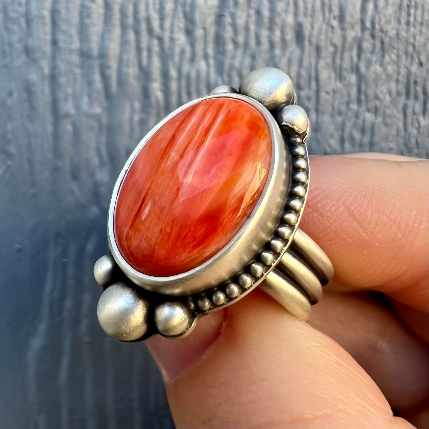 Orange Spiny Oyster Shell Ring size 7.75 – Fine & Sterling Silver, Handcrafted, Triple Band Design