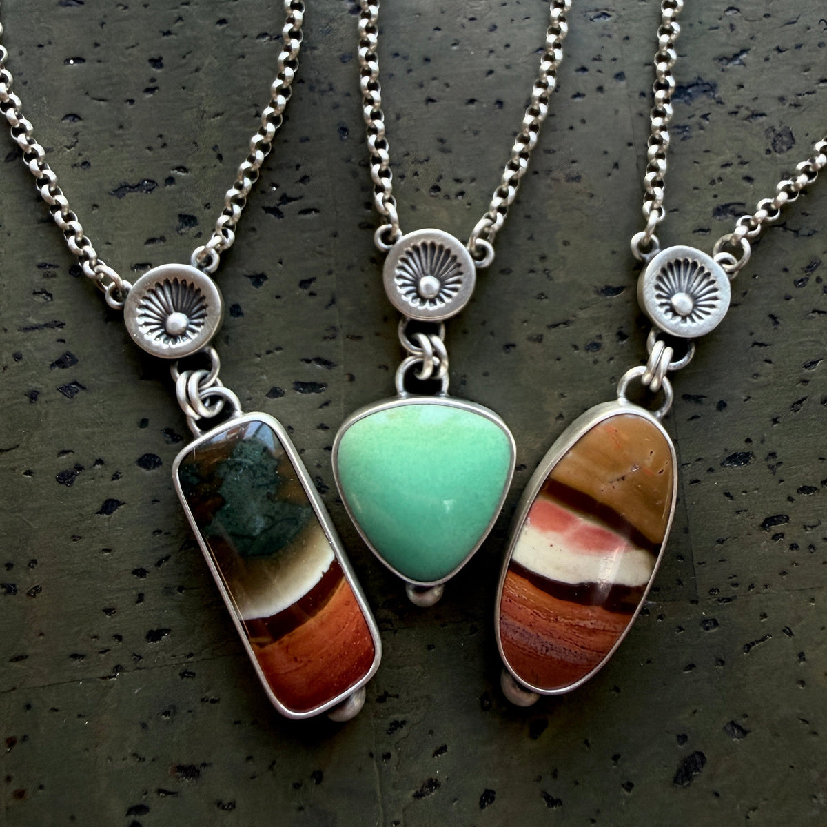 Hand Stamped Sunburst Drop Necklace-Sterling & Fine Silver