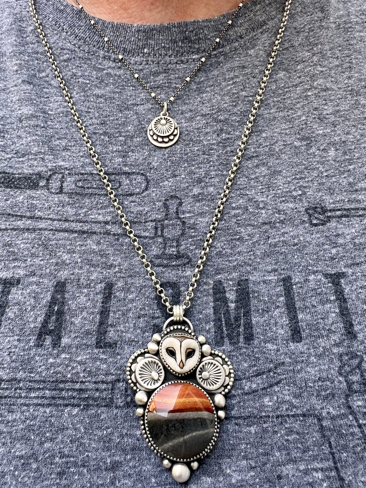 Polychrome jasper and Laura Mears Athena owl necklace