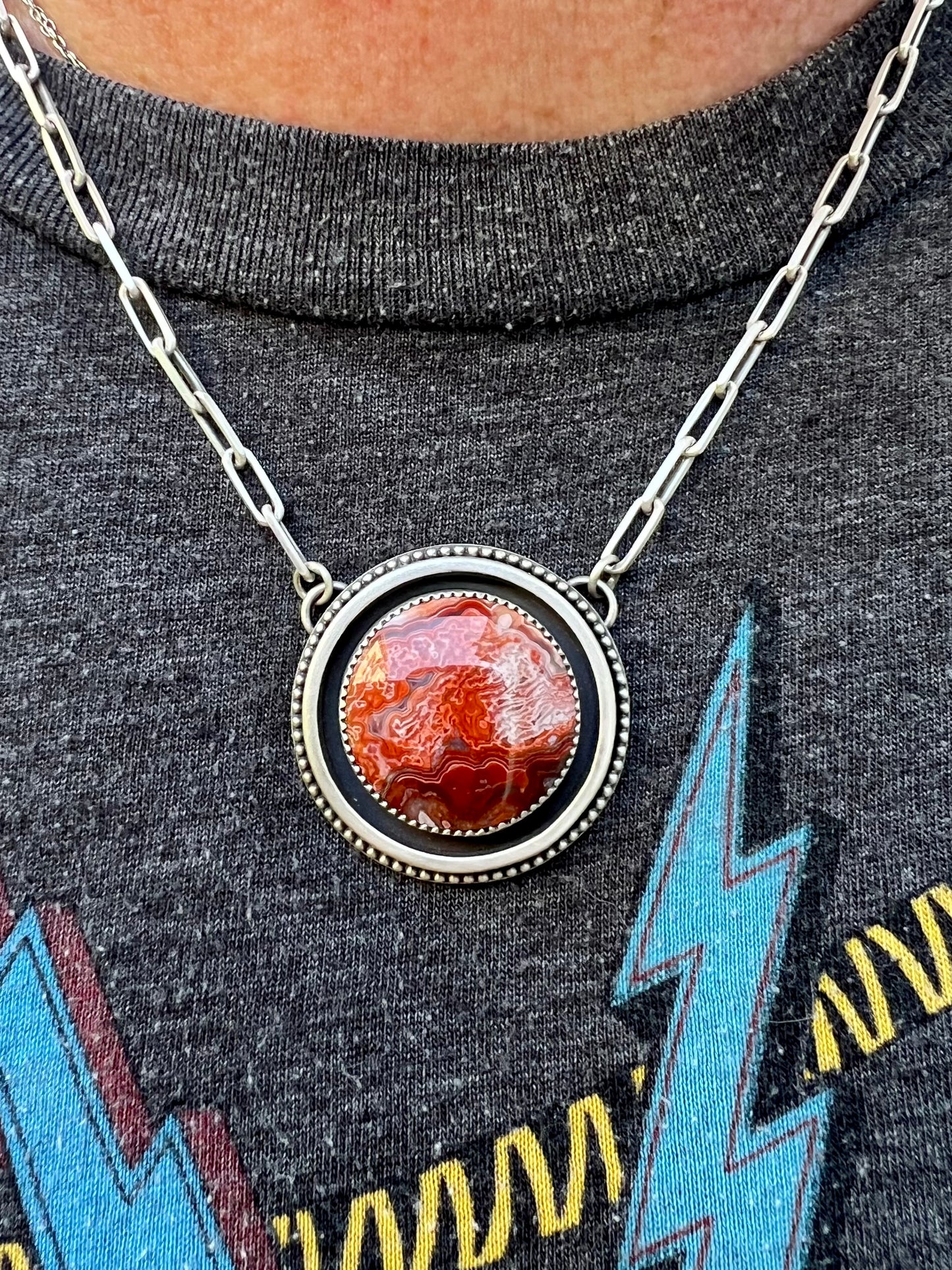 Ruby Red Laguna Lace Agate Necklace – Sterling Silver Shadowbox Pendant with Paperclip Chain