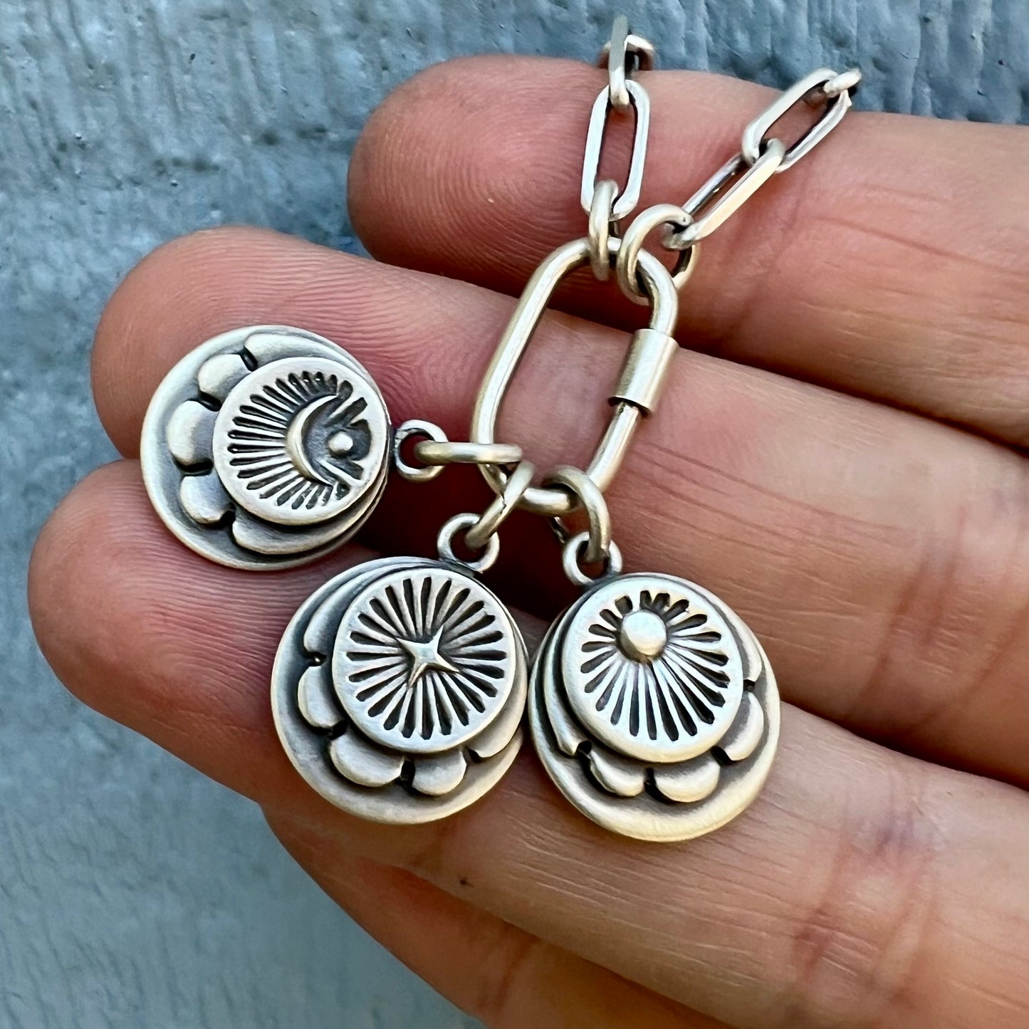 Hand Stamped Sterling Silver Medallion Carabiner Necklace – Customizable Single, Double, or Triple-MADE TO ORDER