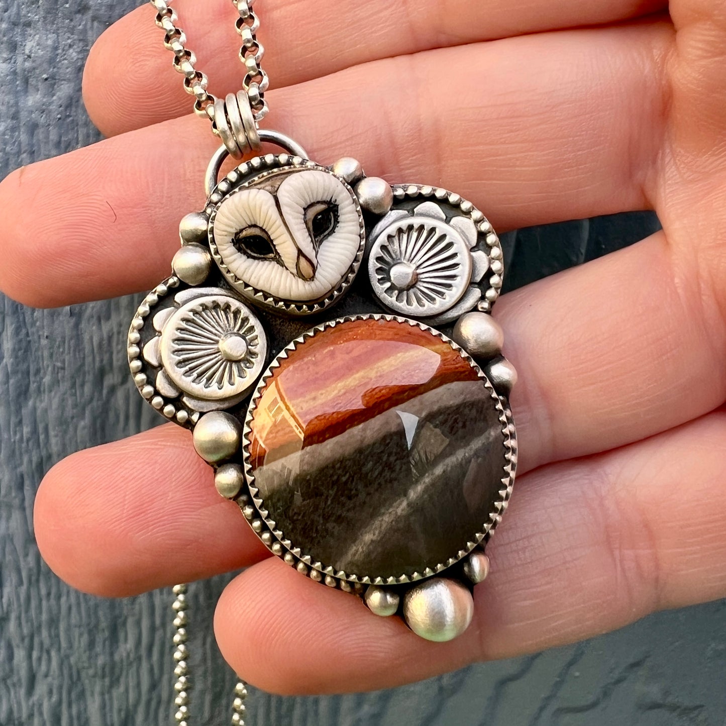 Polychrome jasper and Laura Mears Athena owl necklace