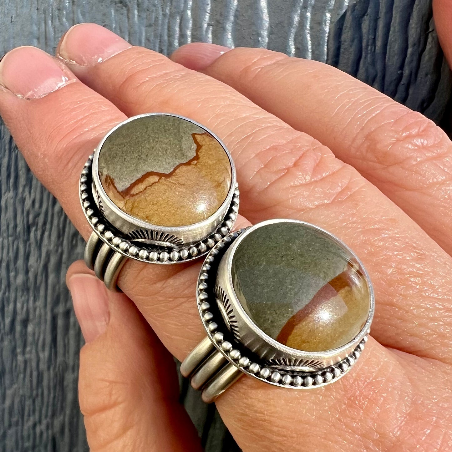 Picture Jasper Hand Stamped Rings — Fine & Sterling Silver, Handcrafted, Sizes 8.25 & 9-9.25