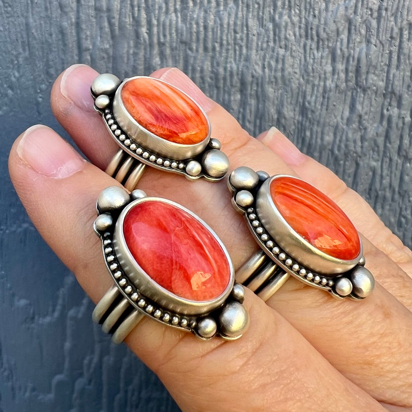 Orange Spiny Oyster Shell Ring size 6.75 – Fine & Sterling Silver, Handcrafted, Triple Band Design