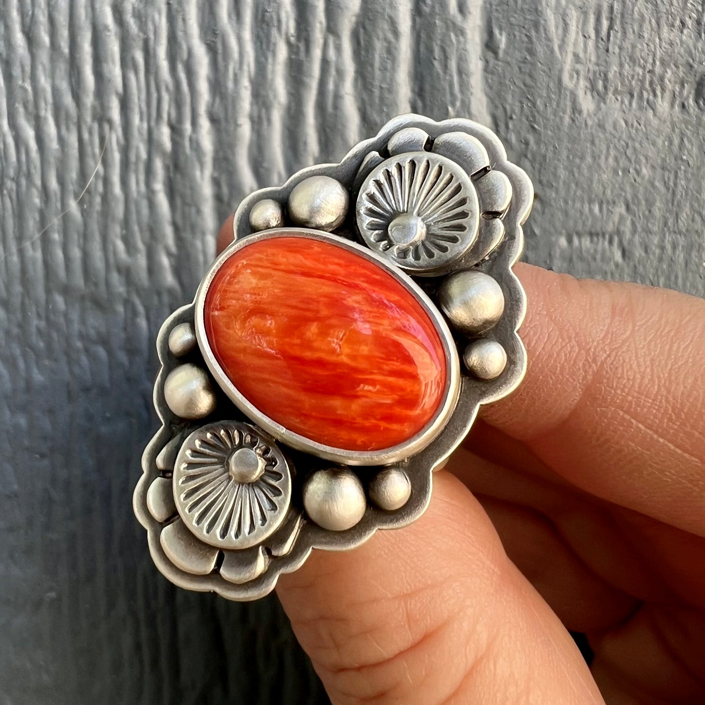 Orange Blossom Ring – Sterling Silver & Spiny Oyster Shell with Hand-Stamped Floral Detail Size 7