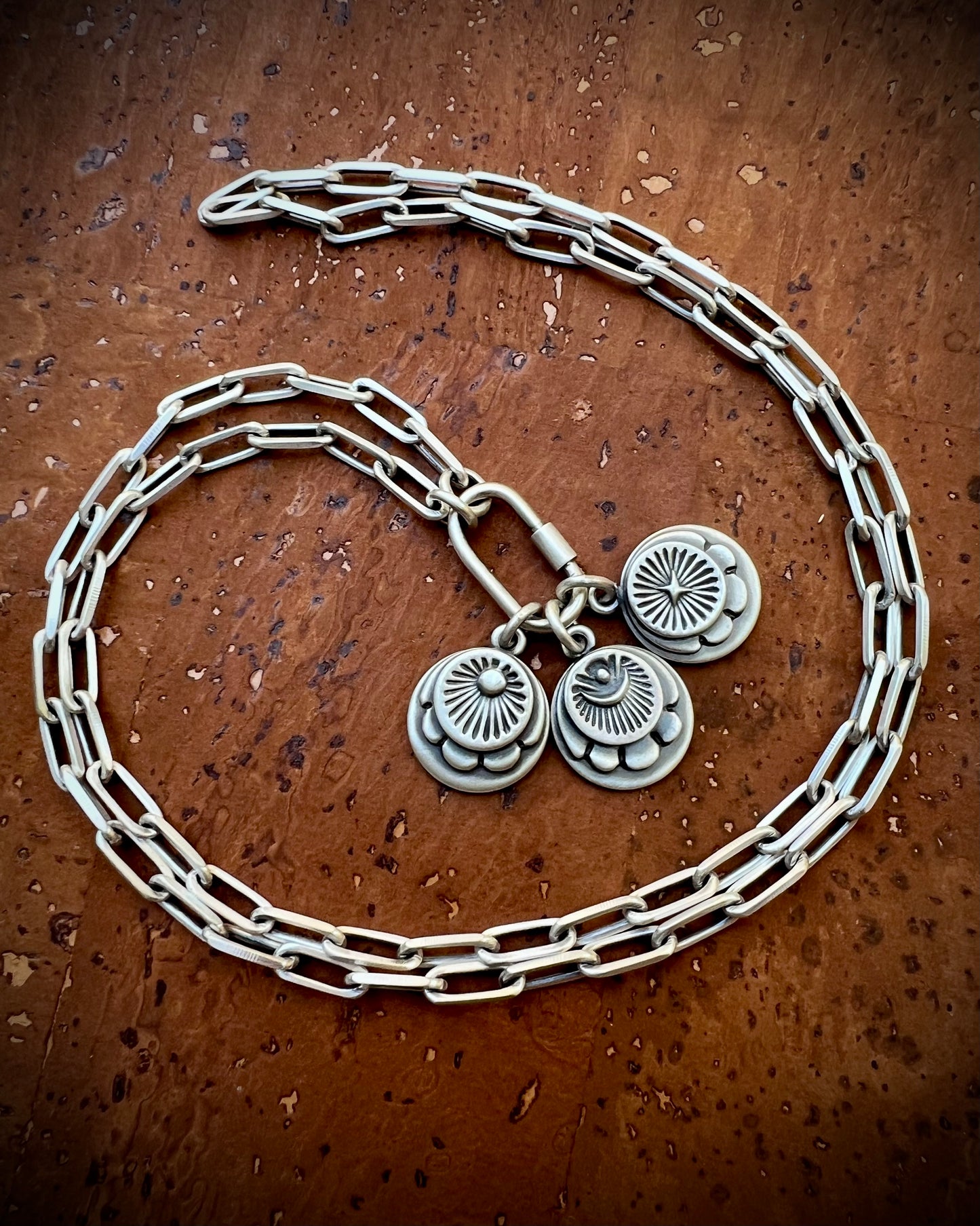 Hand Stamped Sterling Silver Medallion Carabiner Necklace – Customizable Single, Double, or Triple-Made To Order