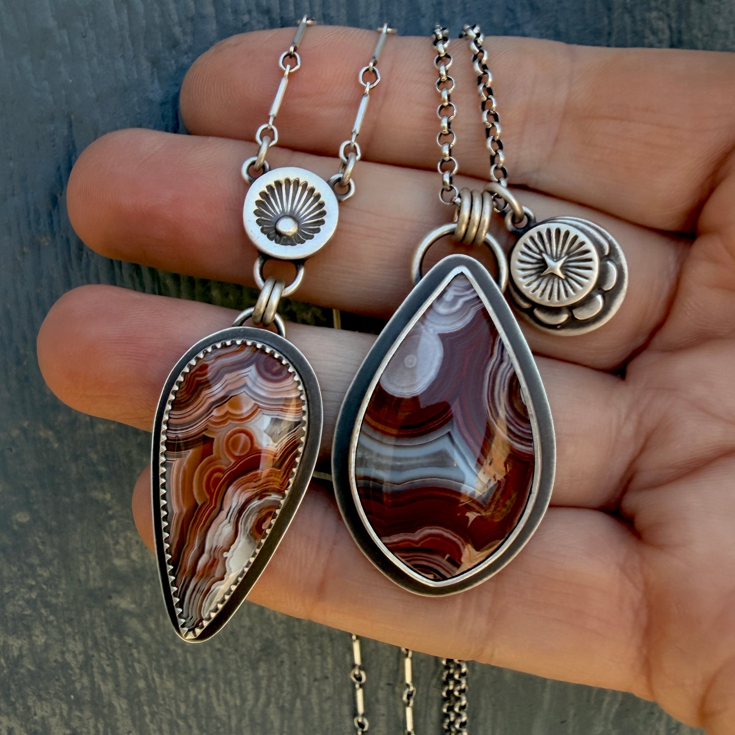 Hand Stamped Laguna Lace Agate Sunburst Drop Necklace