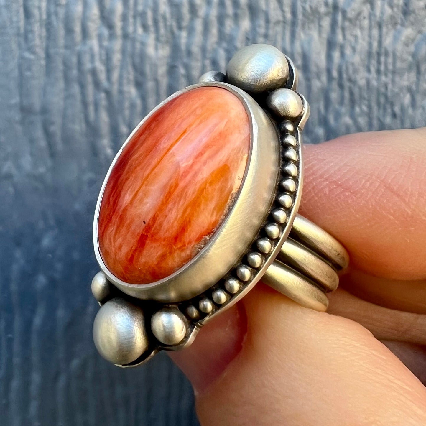 Orange Spiny Oyster Shell Ring size 6.75 – Fine & Sterling Silver, Handcrafted, Triple Band Design