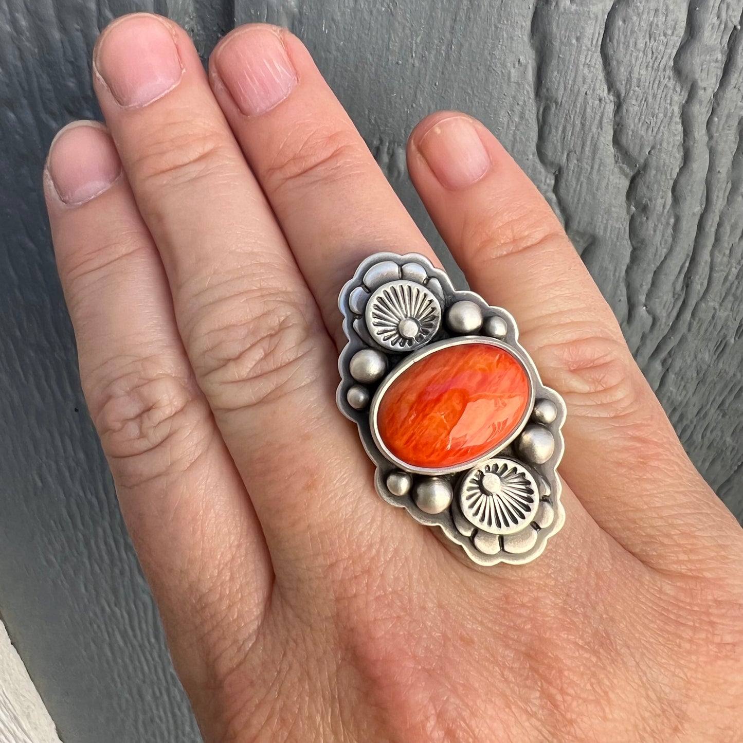 Orange Blossom Ring – Sterling Silver & Spiny Oyster Shell with Hand-Stamped Floral Detail Size 7