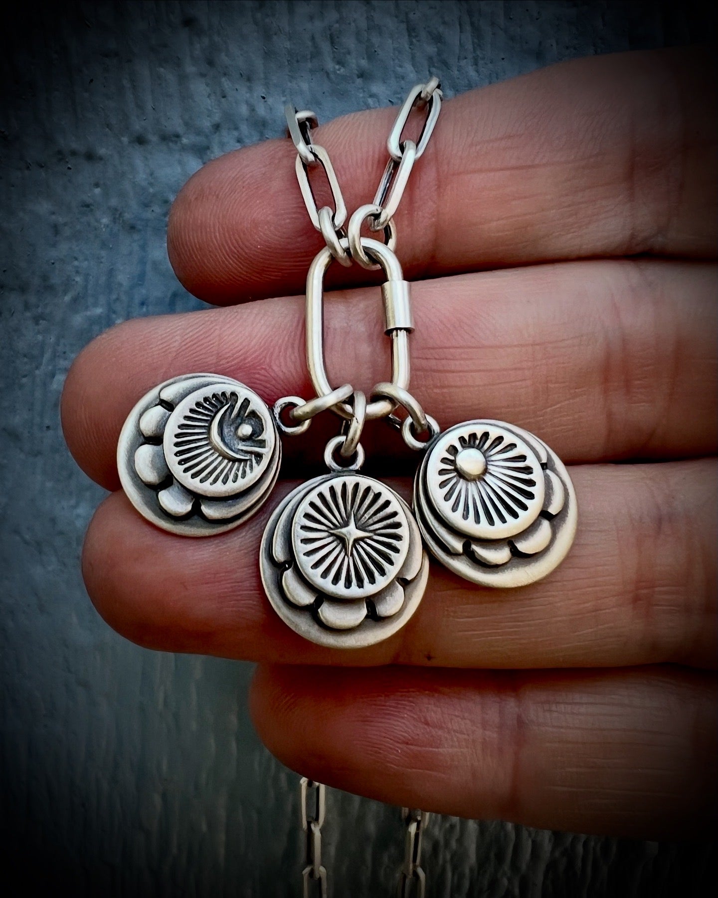 Hand Stamped Sterling Silver Medallion Carabiner Necklace – Customizable Single, Double, or Triple-Made To Order