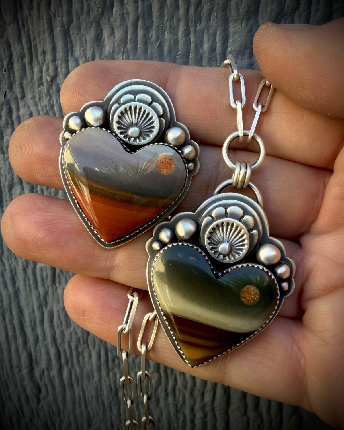 Made To Order:Orange and Grey Jasper Moonscape Sacred Heart Ring or Necklace