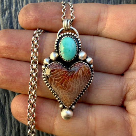 Fossilized Coral and Lone Mountain Turquoise Heart Necklace