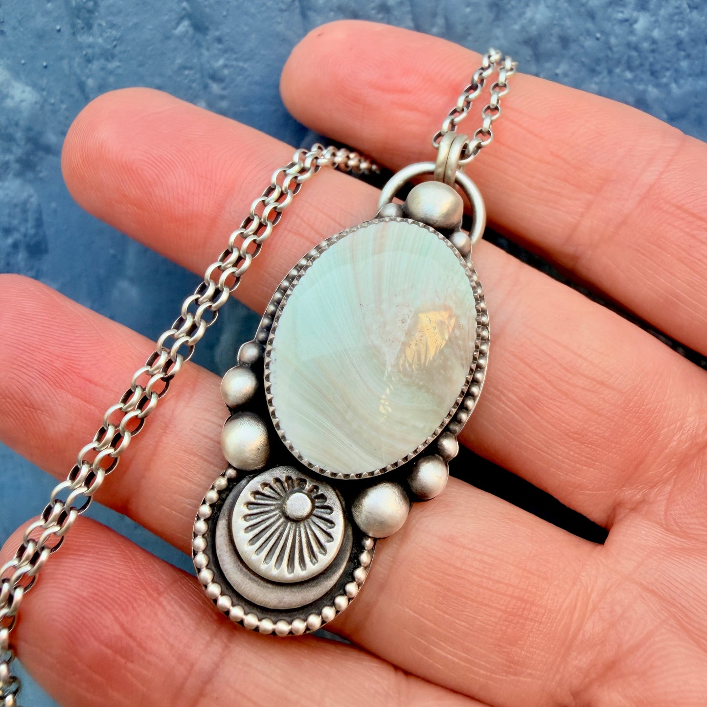 Shiva Shell Hand Stamped Oval Necklace – Handcrafted Sterling & Fine Silver