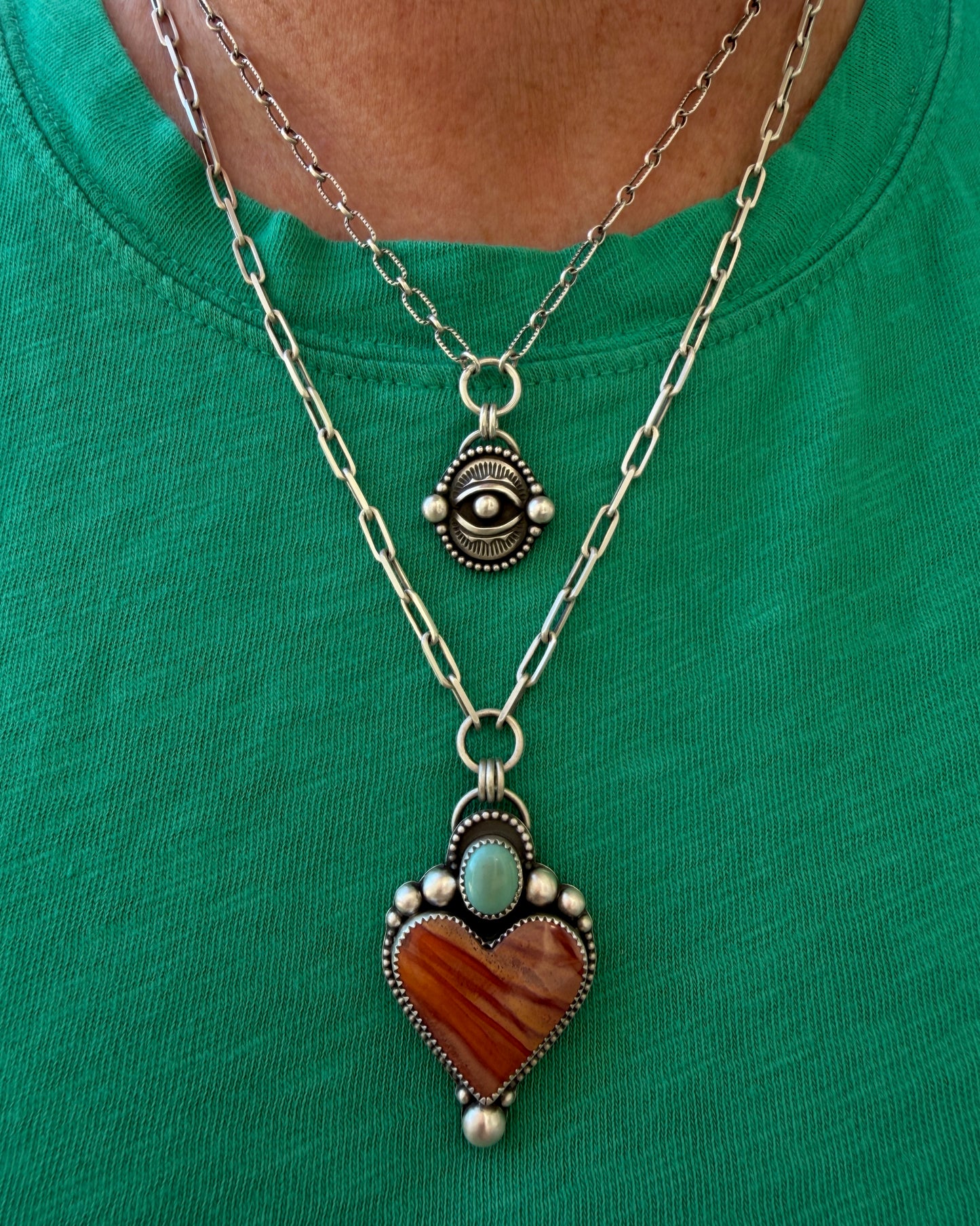 Polychrome Jasper and Sleeping Beauty Turquoise Paperclip Heart Necklace