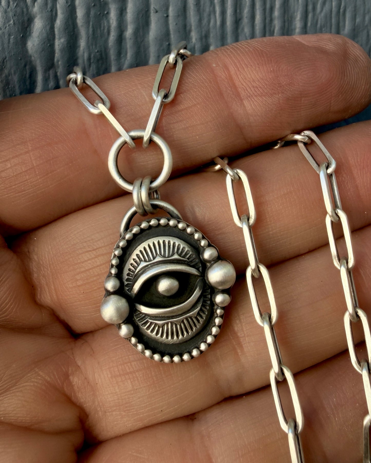 Handcrafted Evil Eye Sterling Silver Talisman Necklace -Textured Oval or Paperclip Chain-MADE TO ORDER
