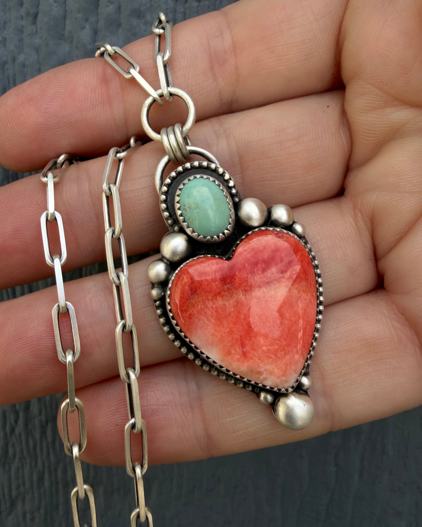 Red Spiny Oyster and Sleeping Beauty Turquoise Heart Necklace – Paperclip Chain