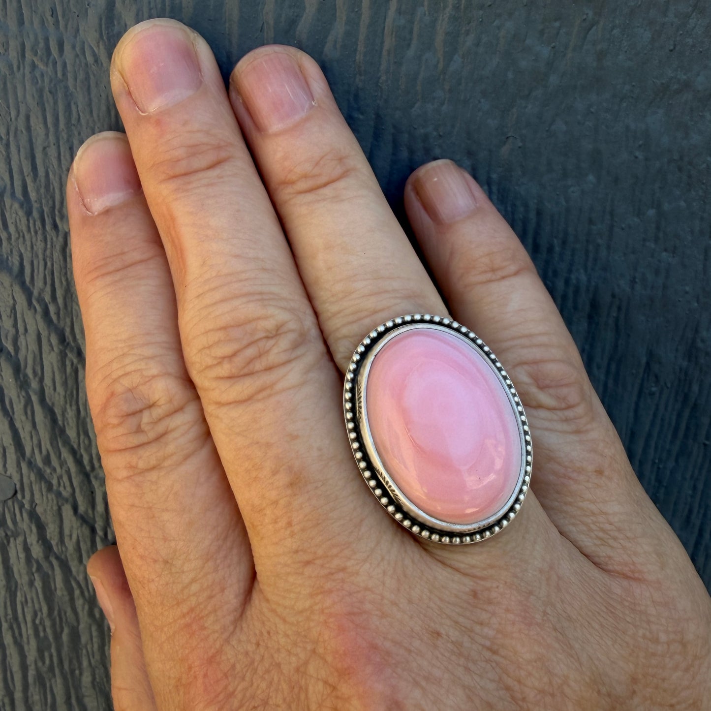 Hand Stamped Pink Queen Conch Shell Ring Size 7