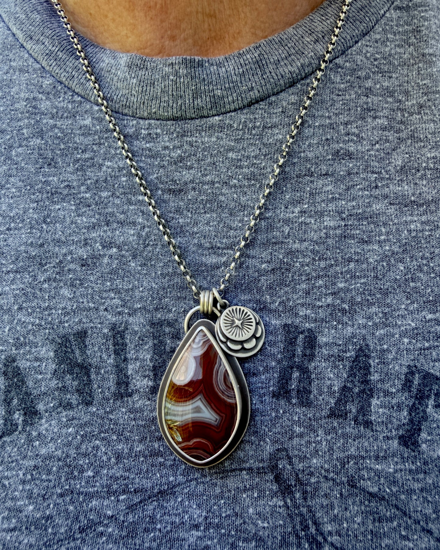 Laguna Lace Agate Hand Stamped Sterling Silver Medallion Necklace