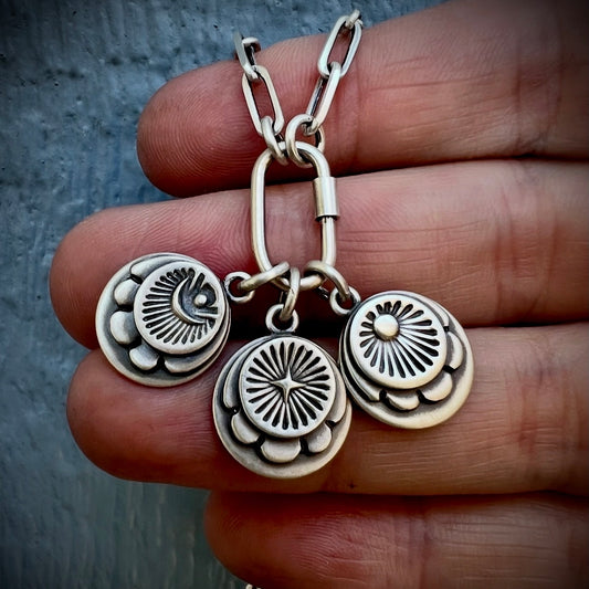 Hand Stamped Sterling Silver Medallion Carabiner Necklace – Customizable Single, Double, or Triple-Made To Order