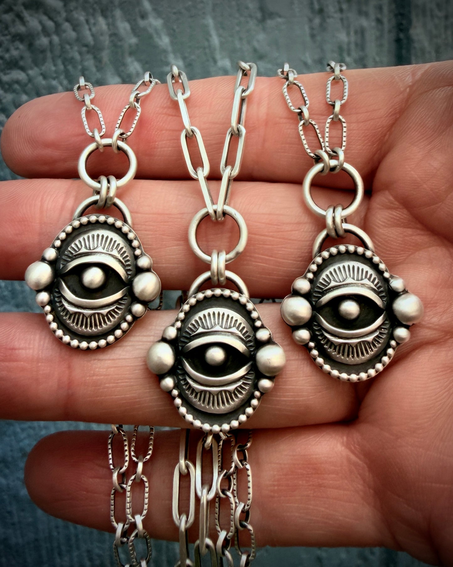 Handcrafted Evil Eye Sterling Silver Talisman Necklace -Textured Oval or Paperclip Chain-MADE TO ORDER